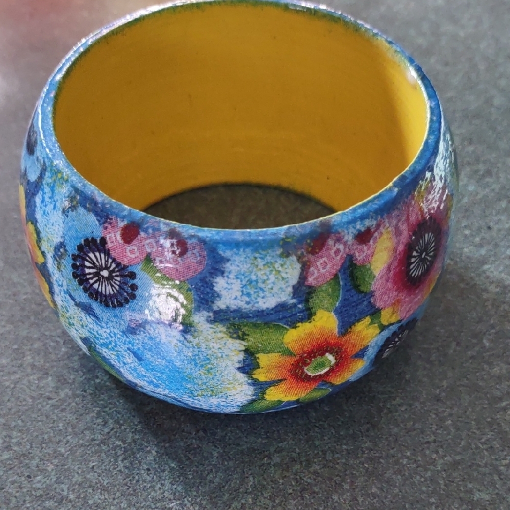 Vintage Wide Multicolor Hand Painted Wood Floral Bangle